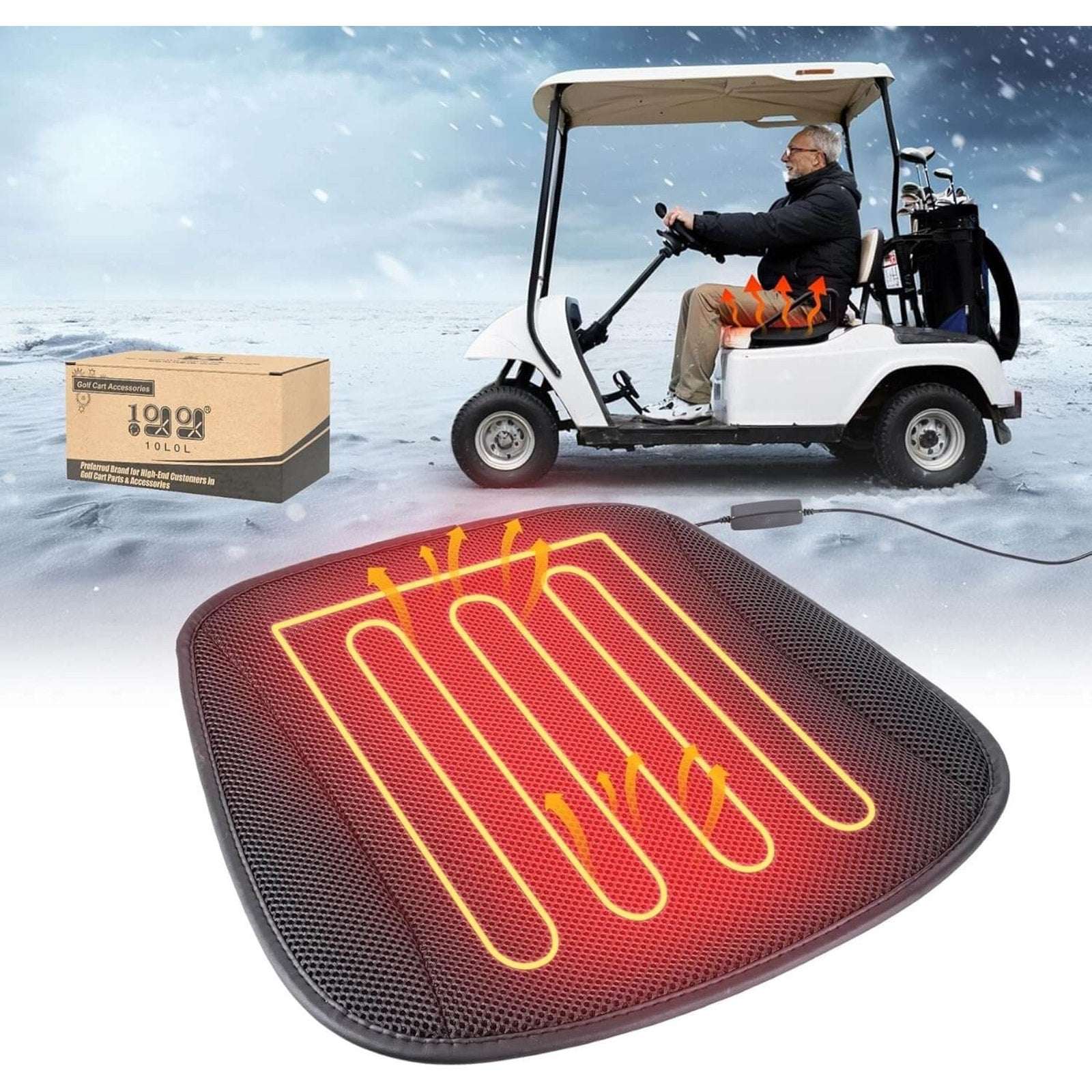 10L0L Universal Golf Cart Heated Seat Cushion 3 Heat Levels & Auto-Off Black/Red
