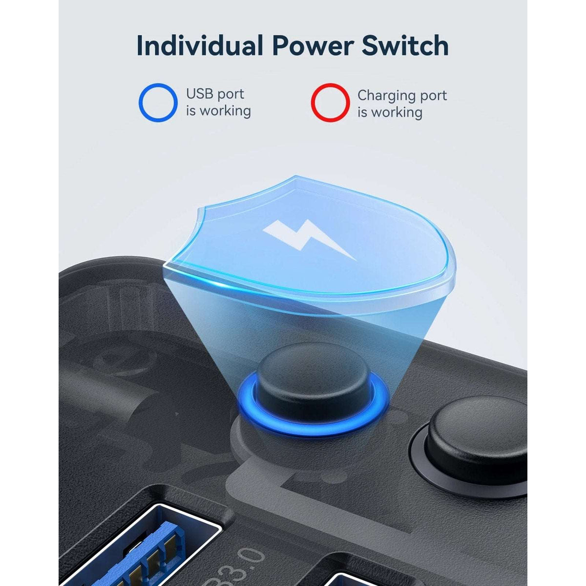 8-Port USB Hub Splitter 4 USB 3.0 Data Ports 4 Smart Charging Ports Ind Switches