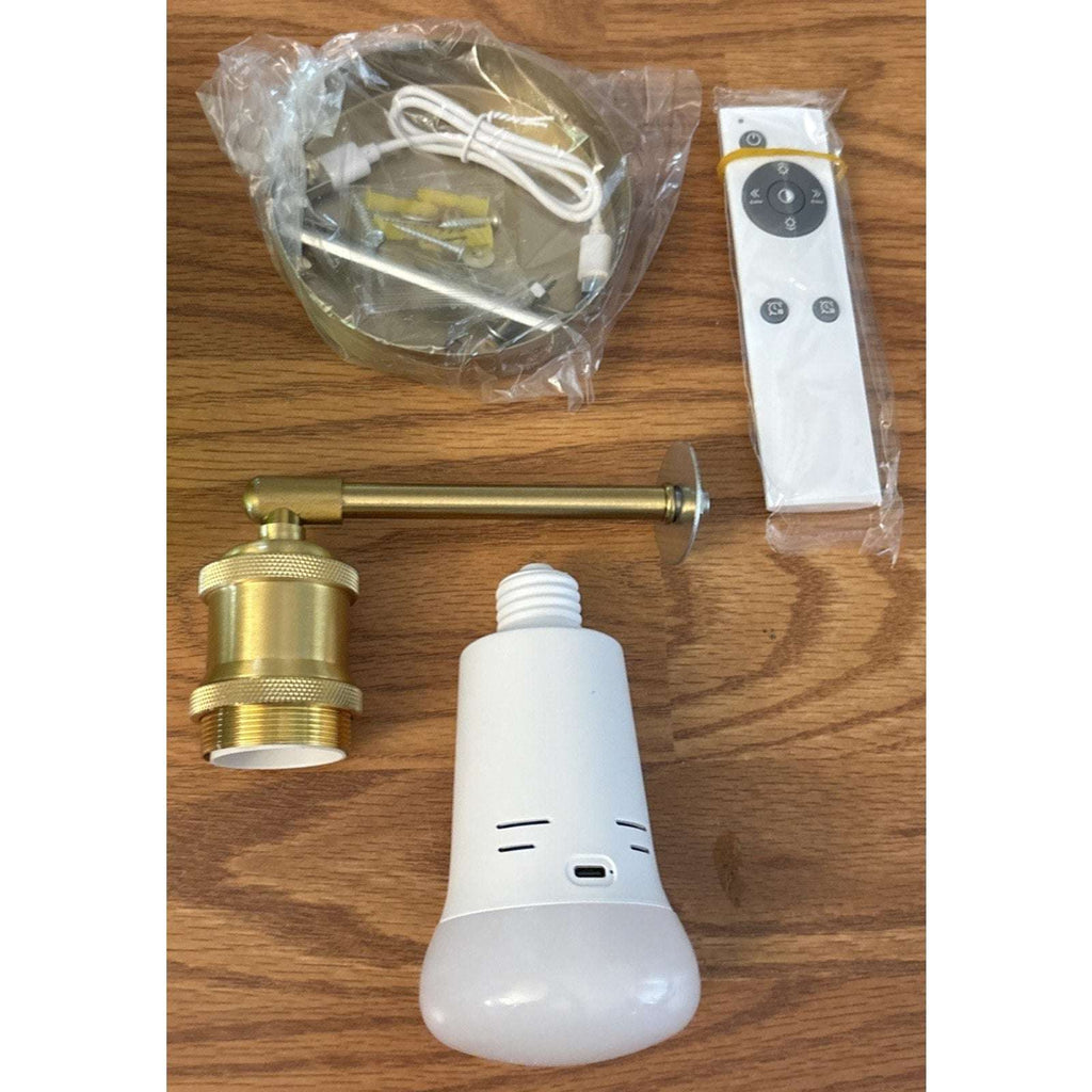 2Pc Vtg Wireless Wall Sconce Green Tulip Glass & Gold w Remote Rechargeable Bulb