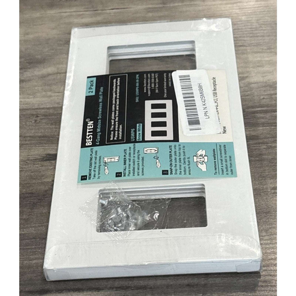 BESTTEN 2 Pack 4 Gang Midsize Screwless Decorator Wall Plate USWP6-M4-W-2PK