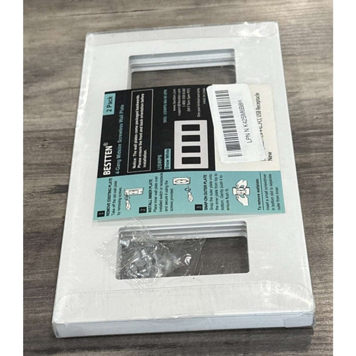 BESTTEN 2 Pack 4 Gang Midsize Screwless Decorator Wall Plate USWP6-M4-W-2PK