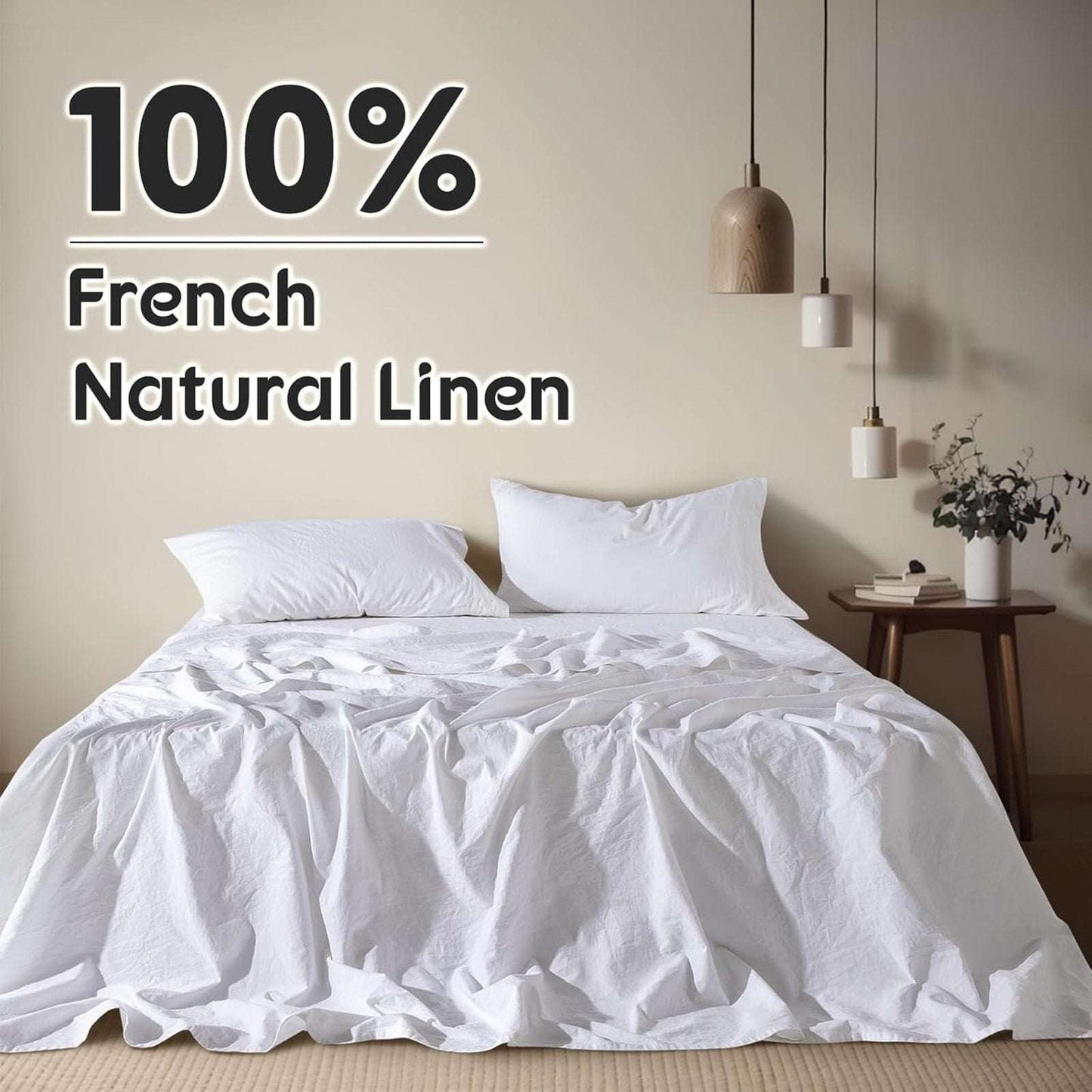 100% French Pure Linen Sheet Set Deep Pockets Queen Size Breathable & Cooling