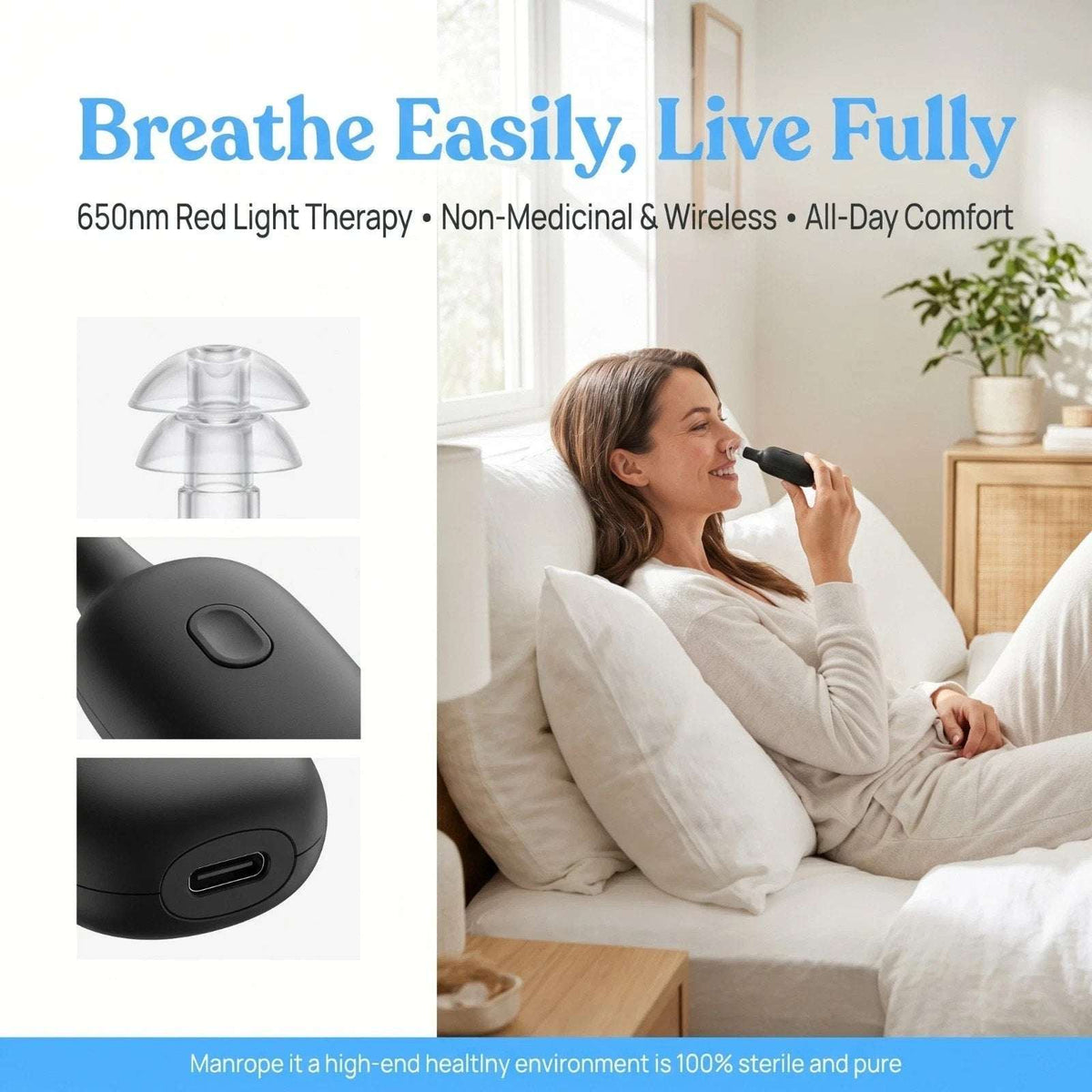 Red Light Nasal Therapy Device, 3 Modes Rechargeable for Dry Nose, Colds & Sinus