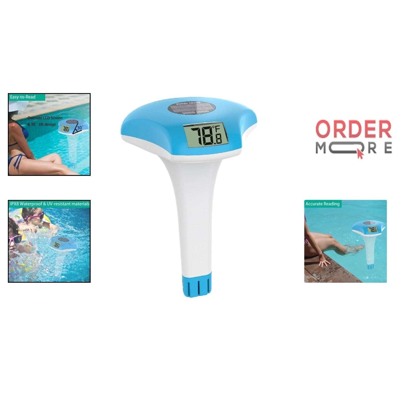 Digital Pool Thermometer Waterproof Solar-Powered Floating Large LCD Display
