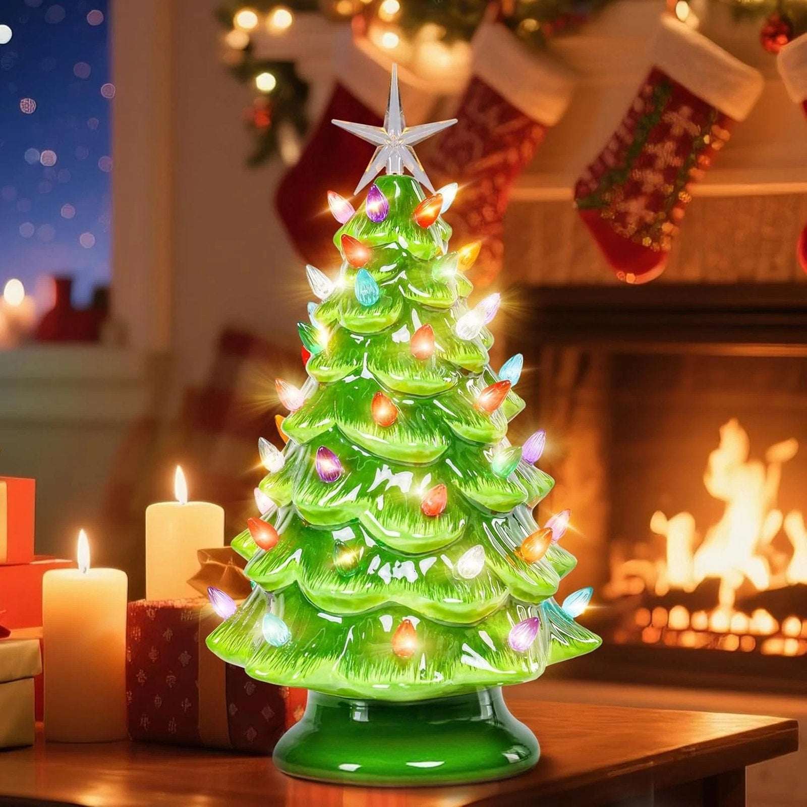 12.2" Ceramic Battery Operated Tabletop Christmas Tree with Multicolored Lights
