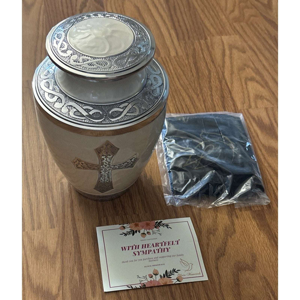 Olivia Memorials God's Love White Urn for Ashes Hand Engraved Cross Large 8x10