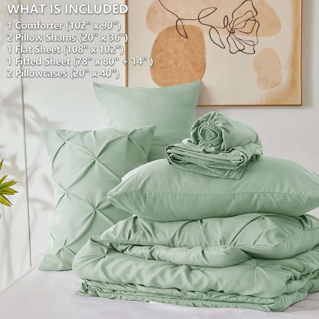 CozyLux 7-Piece King Size Pintuck Comforter & Sheet Set Sage Green Bed in a Bag