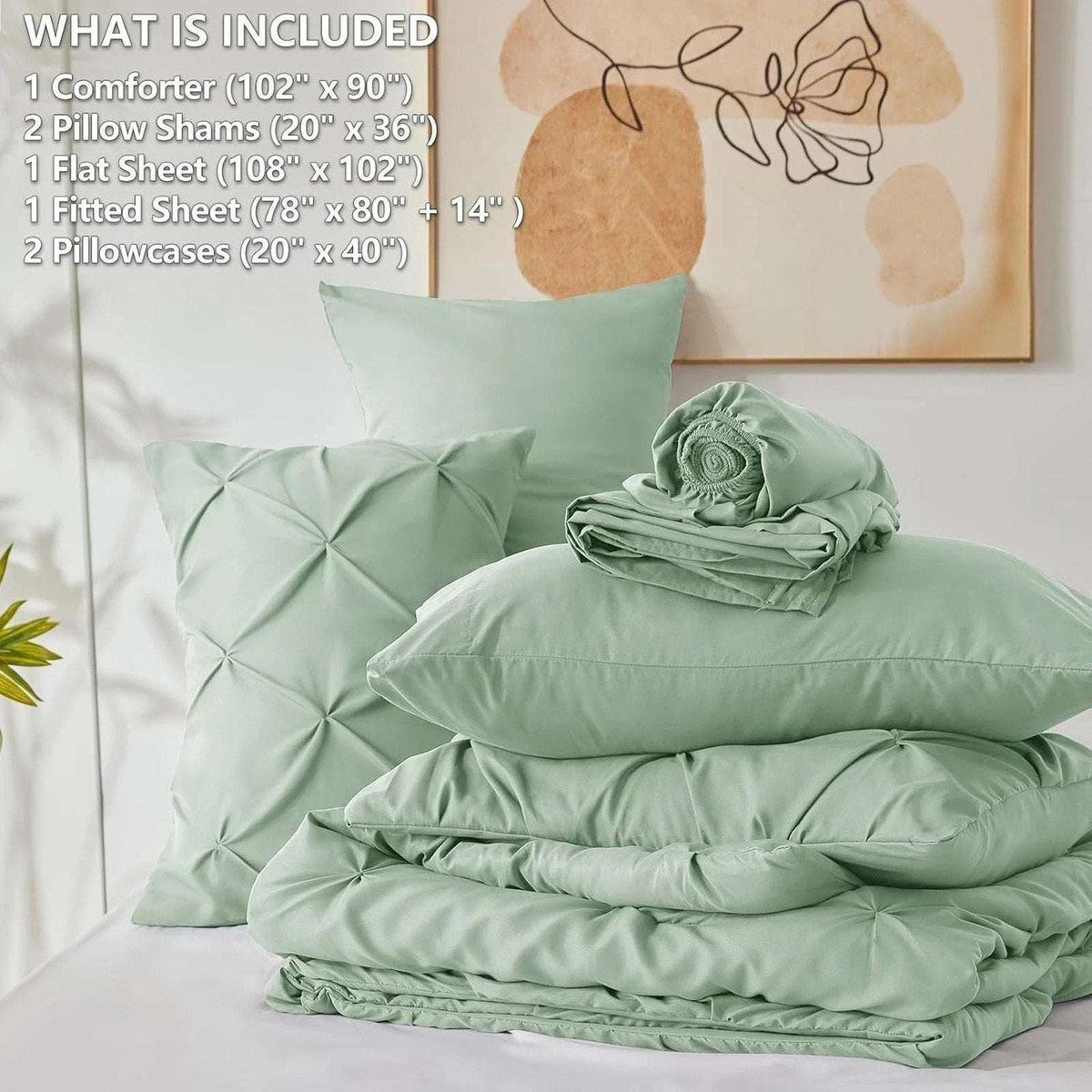 CozyLux 7-Piece King Size Pintuck Comforter & Sheet Set Sage Green Bed in a Bag