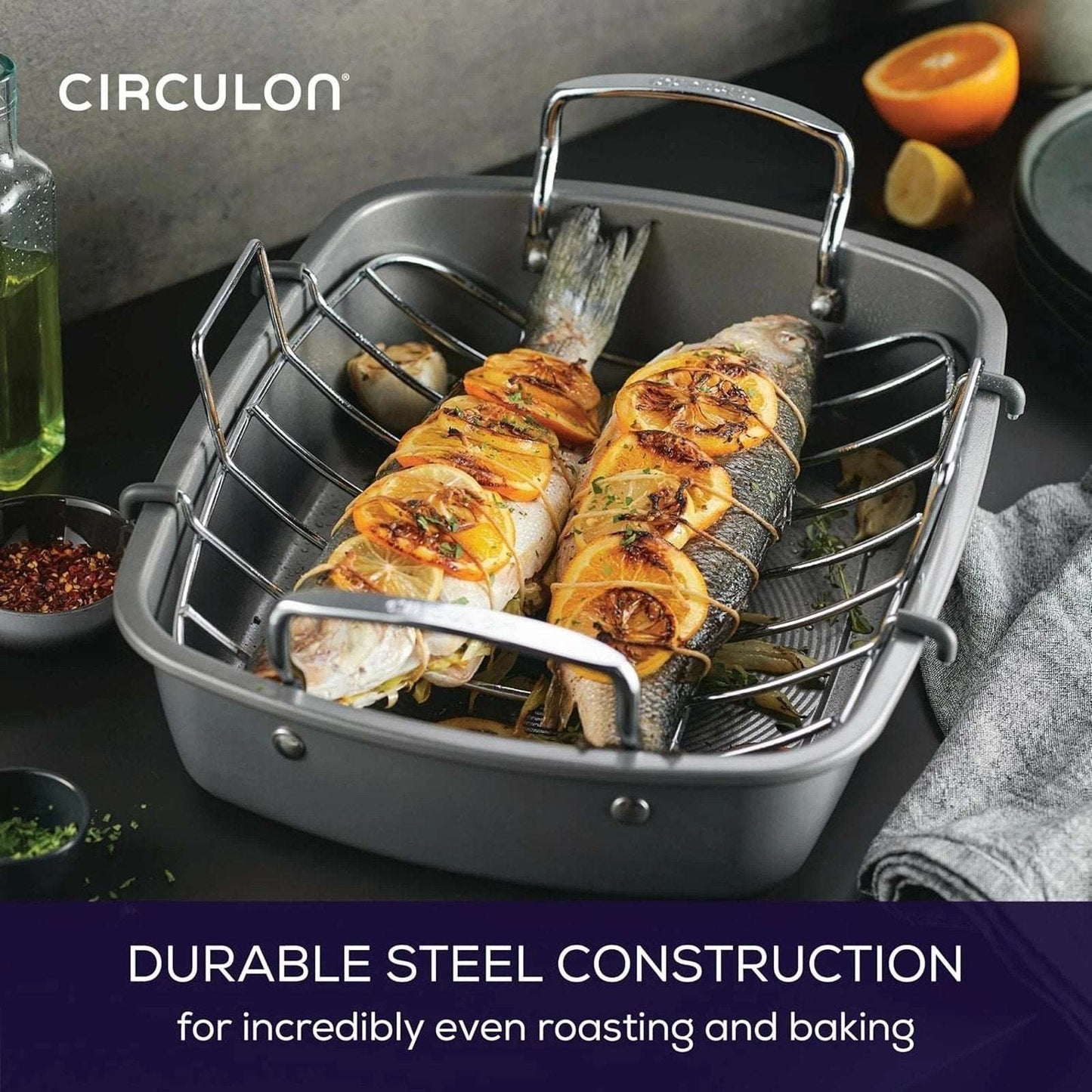 Circulon Nonstick Roasting Pan / Roaster w/ Rack - 17 Inch x 13 Inch 24lbs Gray