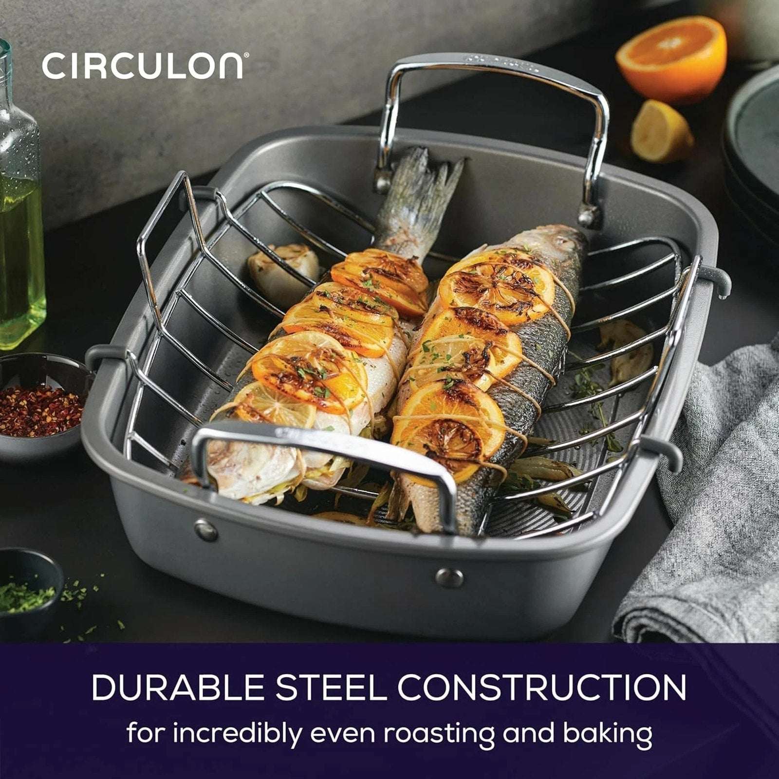 Circulon Nonstick Roasting Pan / Roaster w/ Rack - 17 Inch x 13 Inch 24lbs Gray