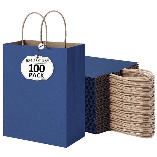 100Pcs Navy Blue Kraft Paper Gift Bags 8x4.25x10.5 Coastal Boutique Retail Gifts