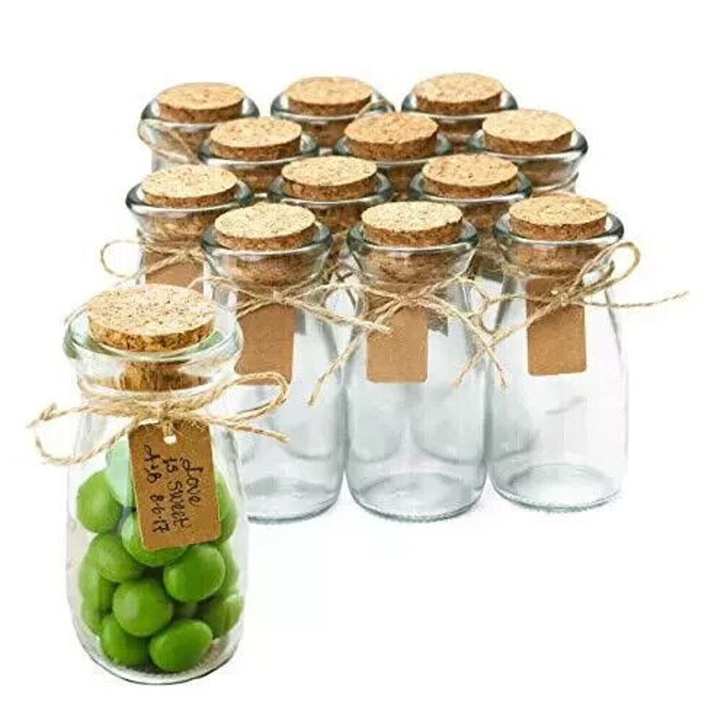 Otis Classic 12 Glass Milk Bottle Jars w Cork Lids Spices, Crafts, Gifts, Decor+