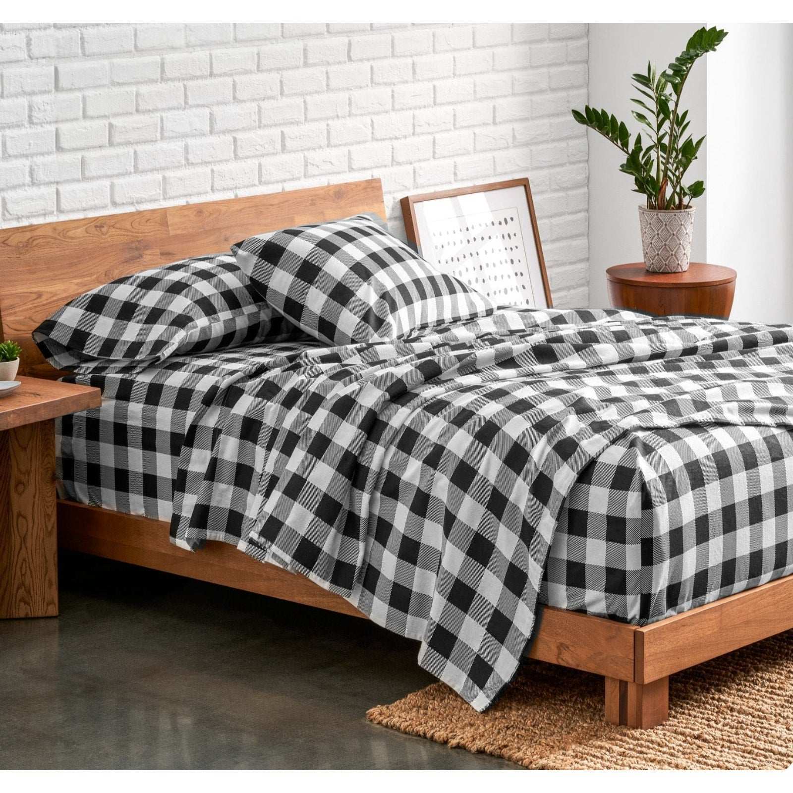 LAMANNI 100% Premium Cotton Flannel Buffalo Plaid Sheet Set - Black/White Queen
