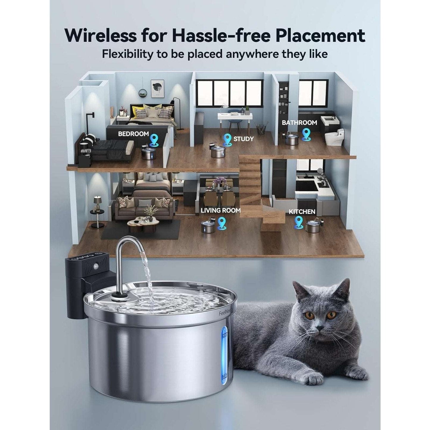 Wireless Smart Pet Cat Dog Water Fountain Rechargeable FEELNEEDY Stainless 3.5L