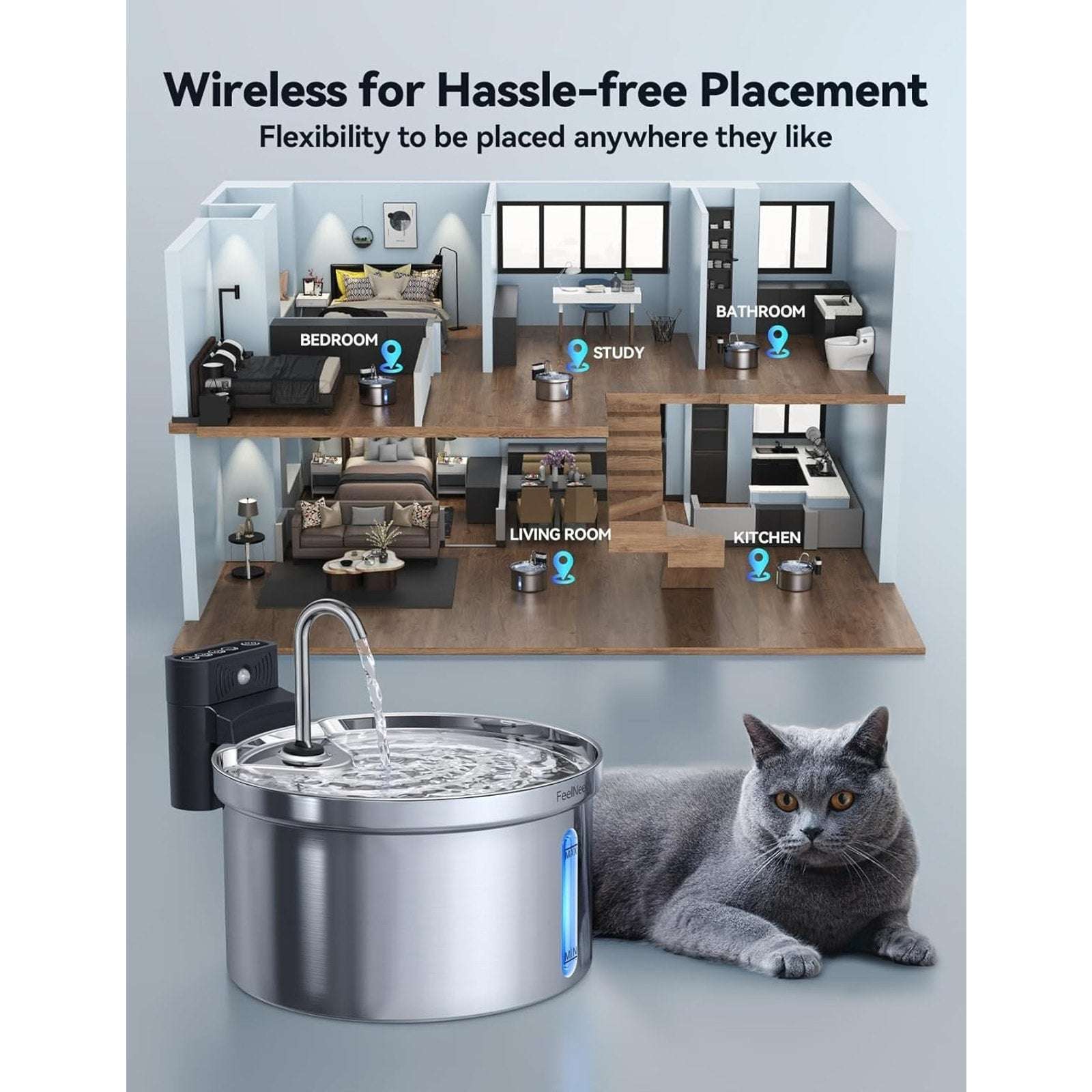 Wireless Smart Pet Cat Dog Water Fountain Rechargeable FEELNEEDY Stainless 3.5L