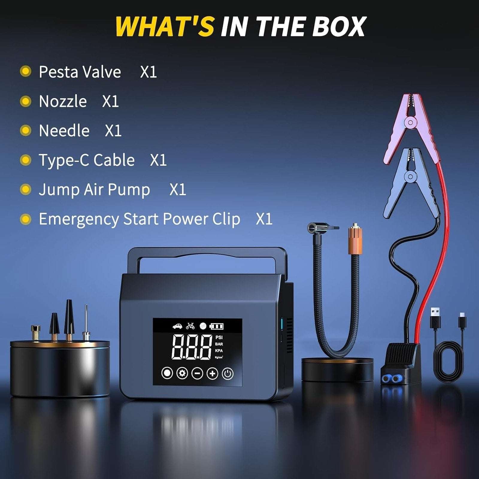 4000A 12V Car Jump Starter, 15000mAh Power Bank, Air Pump & LED Light Gas/Diesel