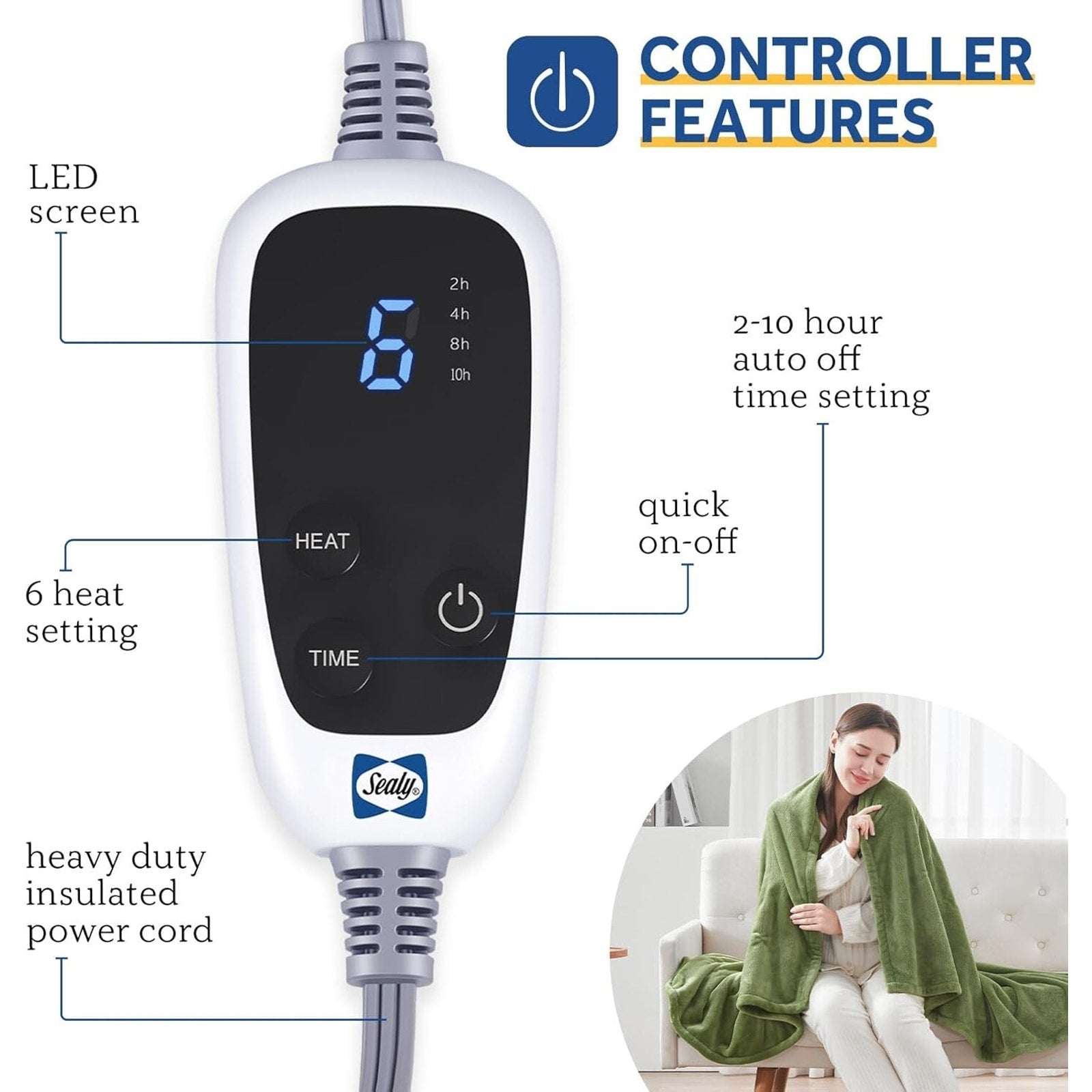 SEALY Electric Heating Blanket Soft Silky Flannel 6 Heat Settings, Auto Shut OFF