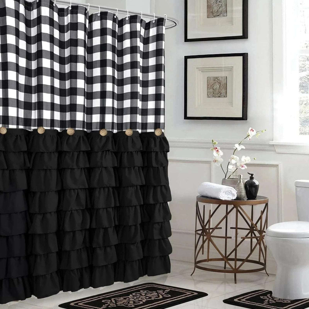 Black White Buffalo Plaid Ruffle Farmhouse Shower Curtain Set 72X72 w/ 12 Hooks