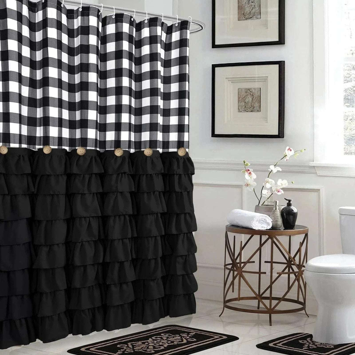 Black White Buffalo Plaid Ruffle Farmhouse Shower Curtain Set 72X72 w/ 12 Hooks