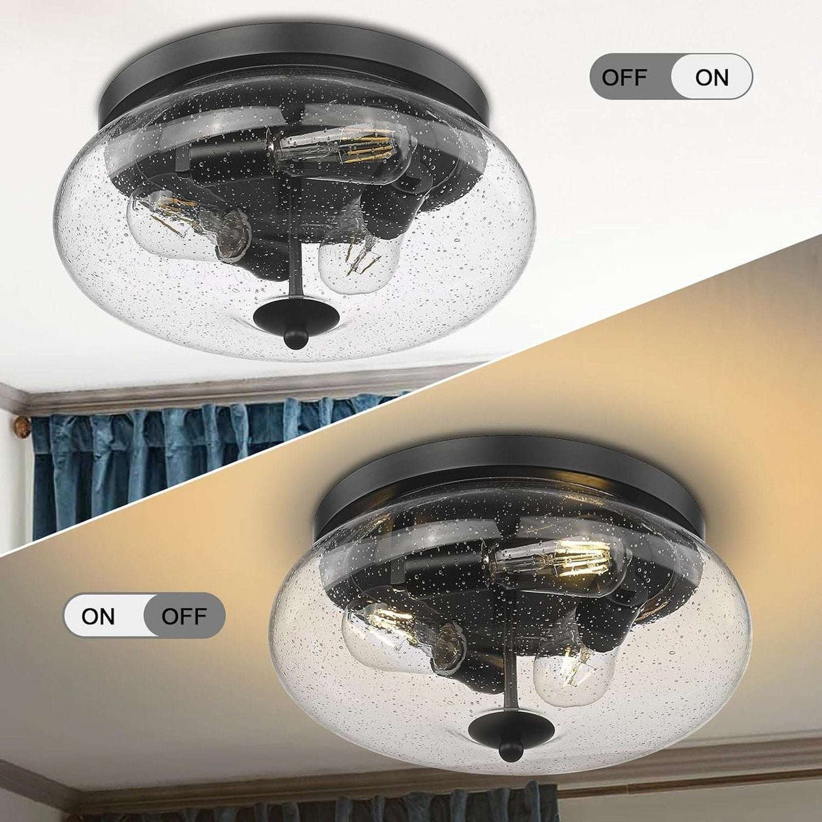 DARKAWAY Ceiling Light Fixture 2-Light Flush Mount Indoor/Outdoor Seeded Glass