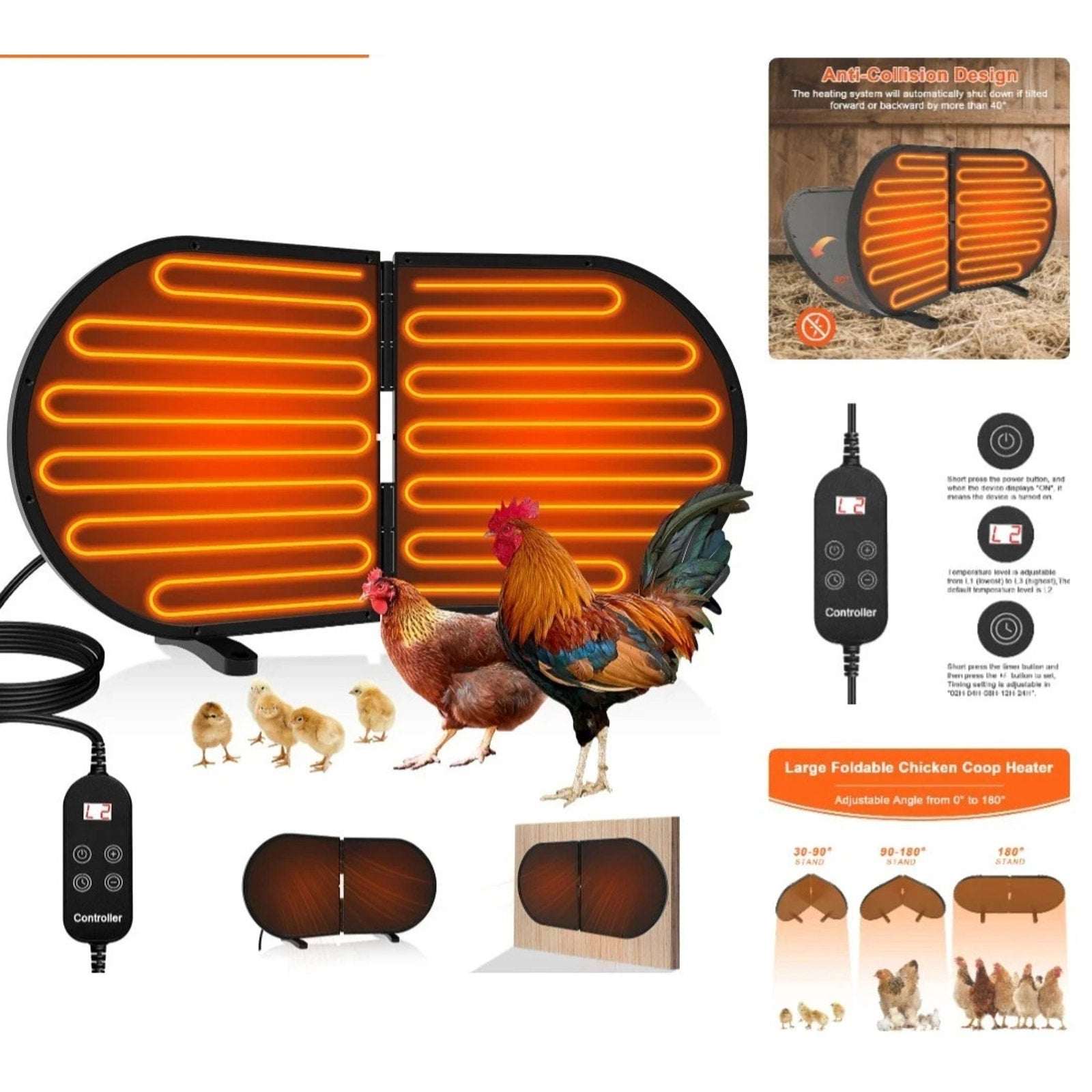 220W Chicken Coop Radiant Heater - Waterproof 3 Temp/5 Timer Tip Over Auto-Off