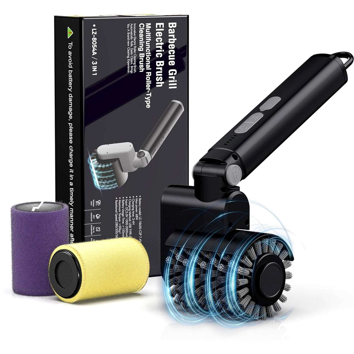 Electric Grill Brush Cordless Rechargeable BBQ Cleaner with 3 Speeds & 3 Heads