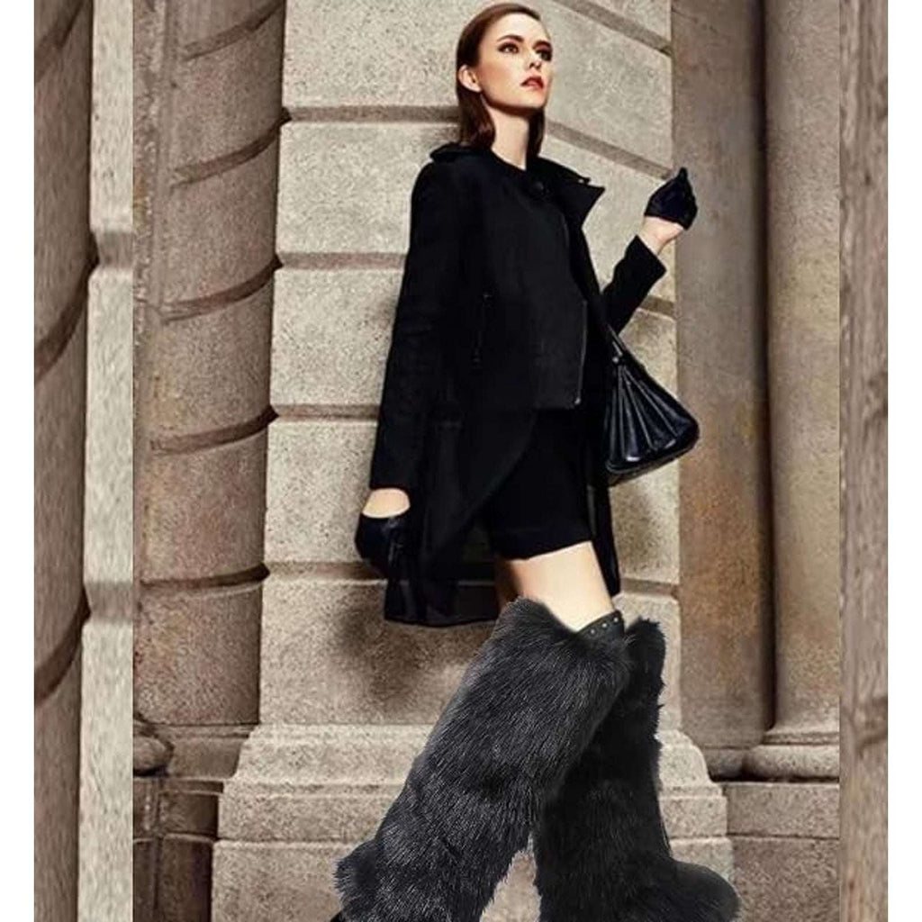 Y2K Rave Shaggy Mongolian Faux Fur Knee High Black Furry Moon Boots Sz 12 Womens