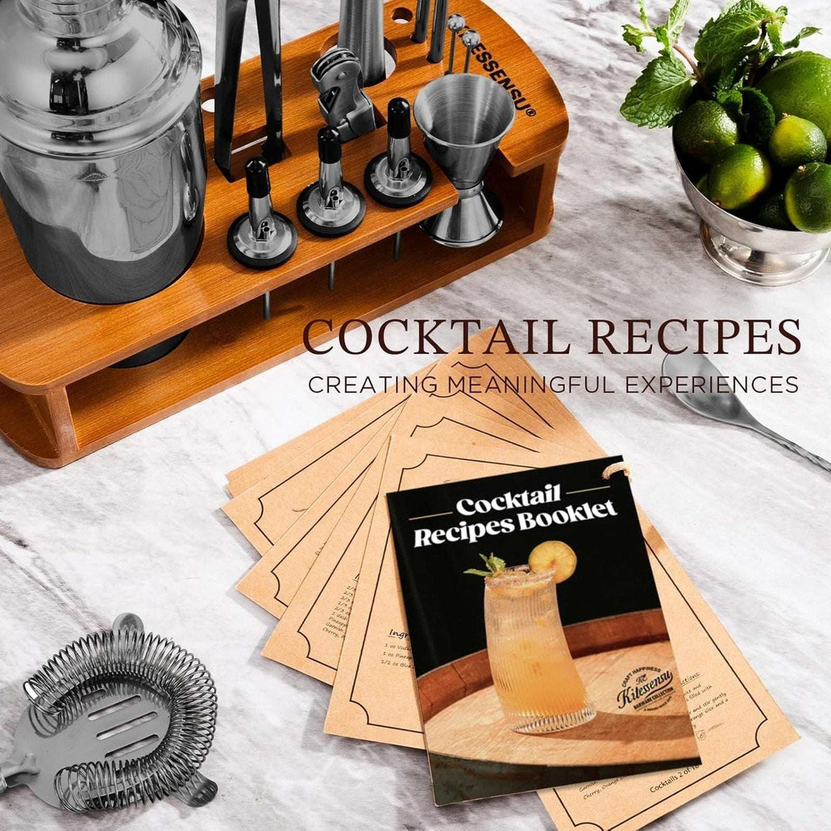Black Stainless Steel Cocktail Shaker Set Home Bar Bartender Kit w/ Bamboo Stand