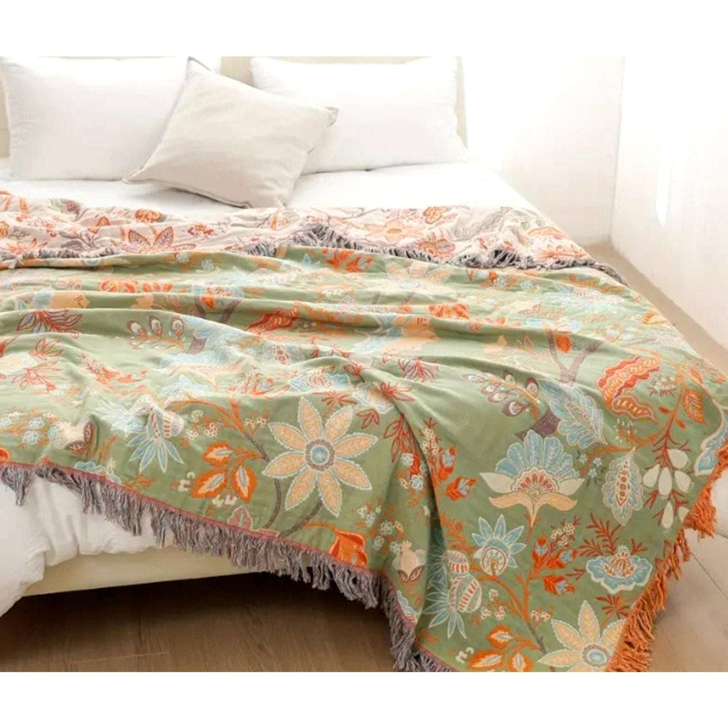 Casa & Beyond Cotton Floral Boho Reversible Blanket 91" x 98" + 4 Pillow Shams