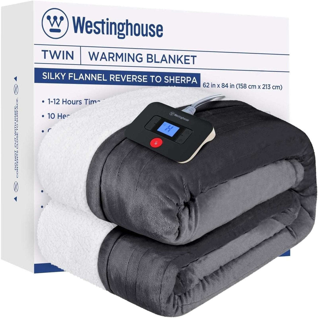 Westinghouse Electric Heating Blanket Silky Flannel & Sherpa Twin Size Charcoal