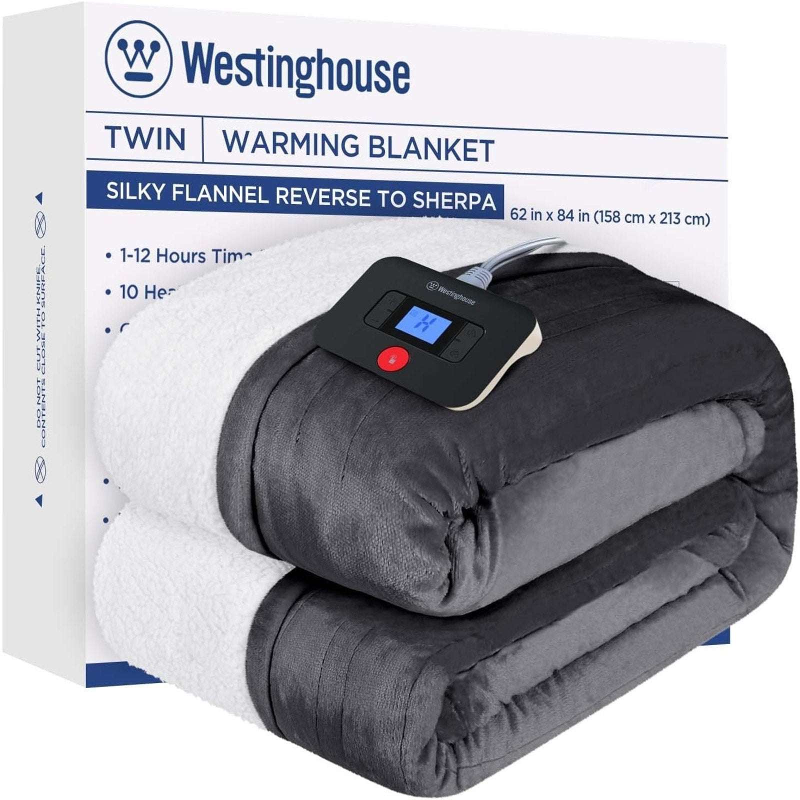 Westinghouse Electric Heating Blanket Silky Flannel & Sherpa Twin Size Charcoal