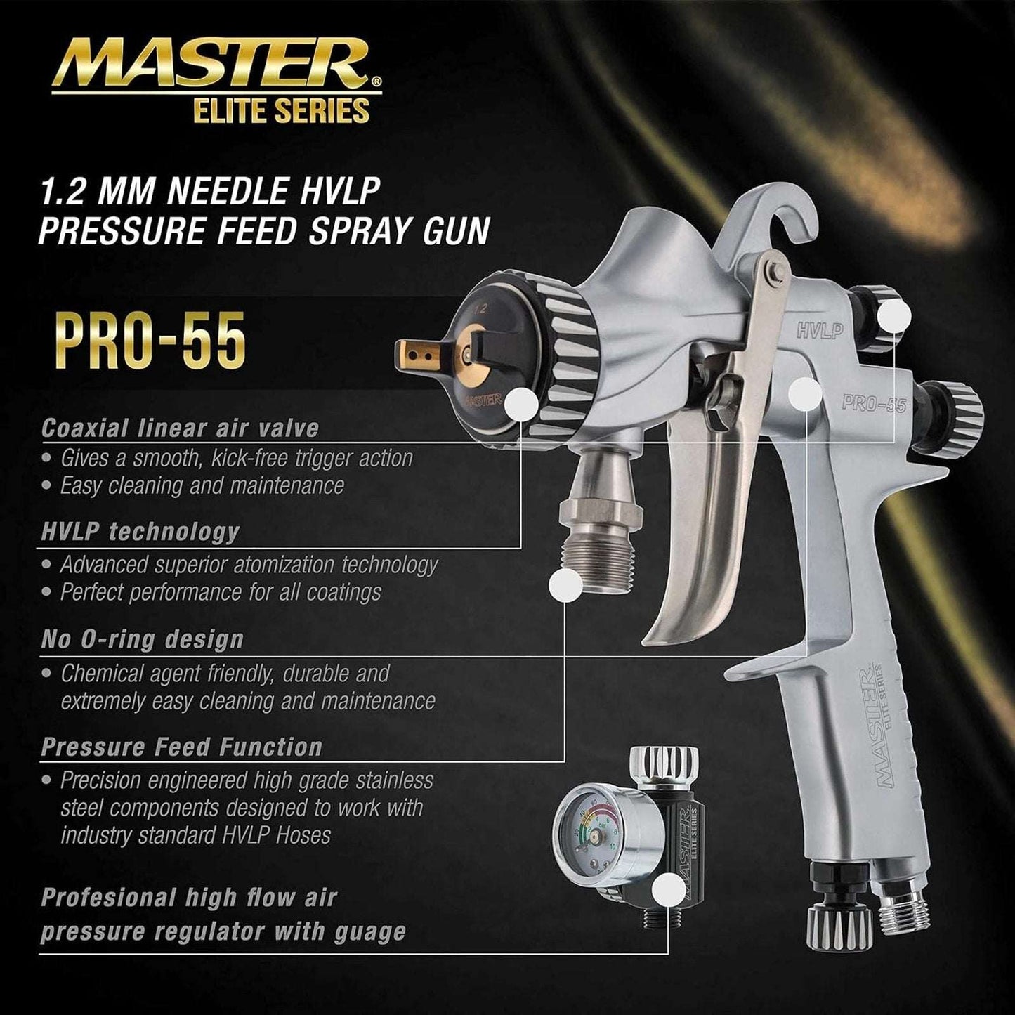 Master Elite PRO-55 HVLP Automotive Paint Pressure Feed Spray Gun 1.2mm Tip