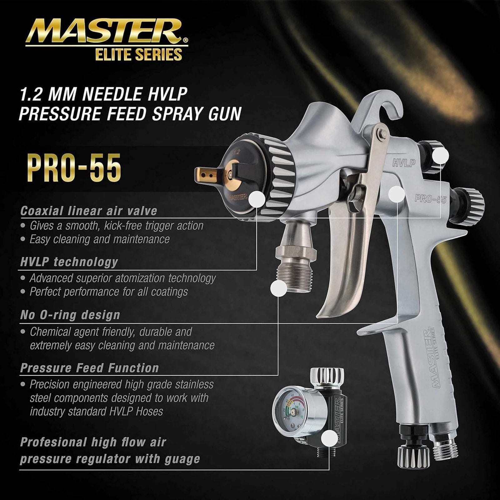 Master Elite PRO-55 HVLP Automotive Paint Pressure Feed Spray Gun 1.2mm Tip