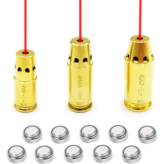 Red Laser Bore Sight 9MM + .45 ACP + .40 S&W Brass Cartridge Boresighter +10 Bat