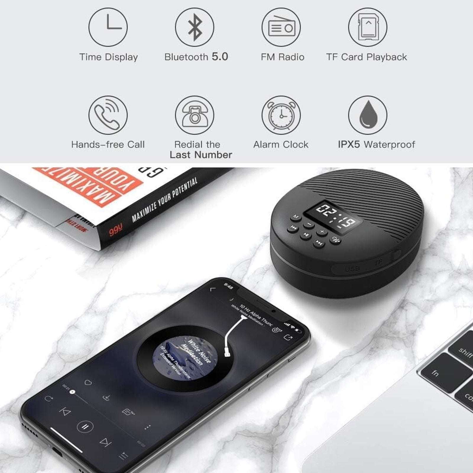 AGPTEK Bluetooth 5.0 Waterproof Wireless FM Radio Speaker Rechargeable Model S2