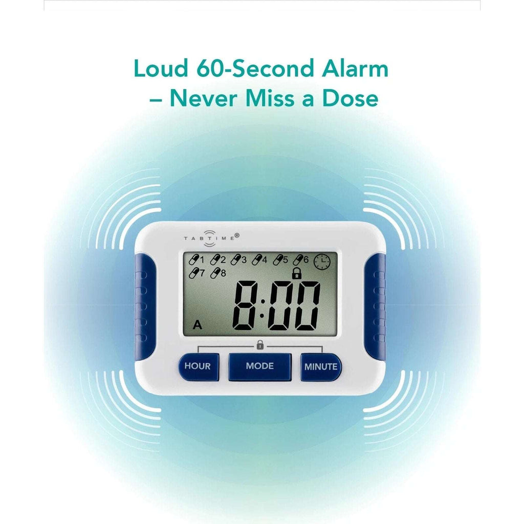 TabTIME Electronic Pill Timer Reminder with 8 Daily Alarms, Lockable Keys, 12/24