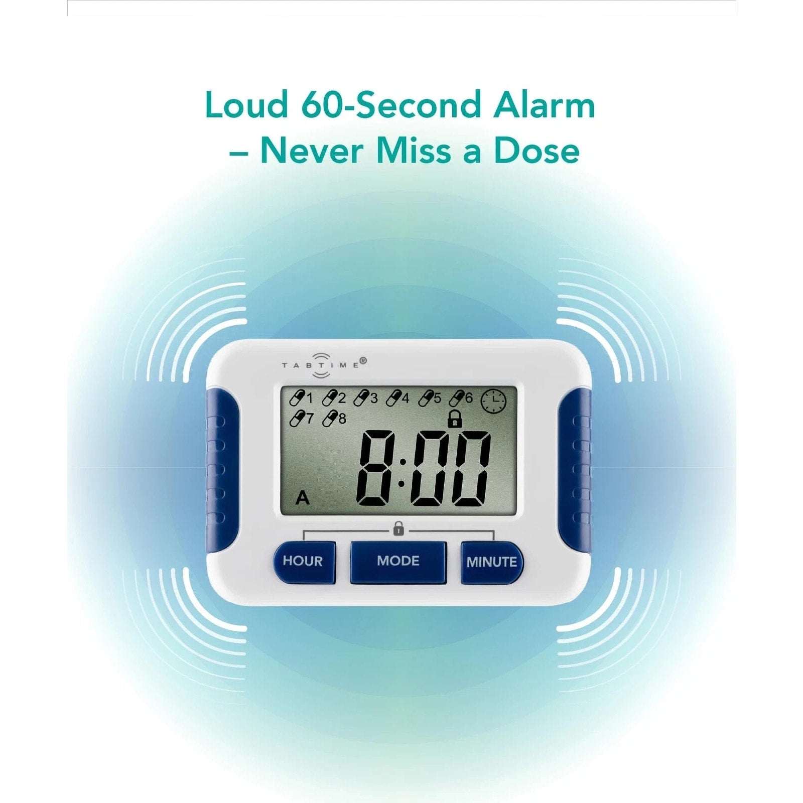 TabTIME Electronic Pill Timer Reminder with 8 Daily Alarms, Lockable Keys, 12/24