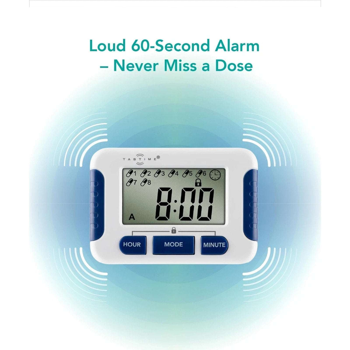 TabTIME Electronic Pill Timer Reminder with 8 Daily Alarms, Lockable Keys, 12/24
