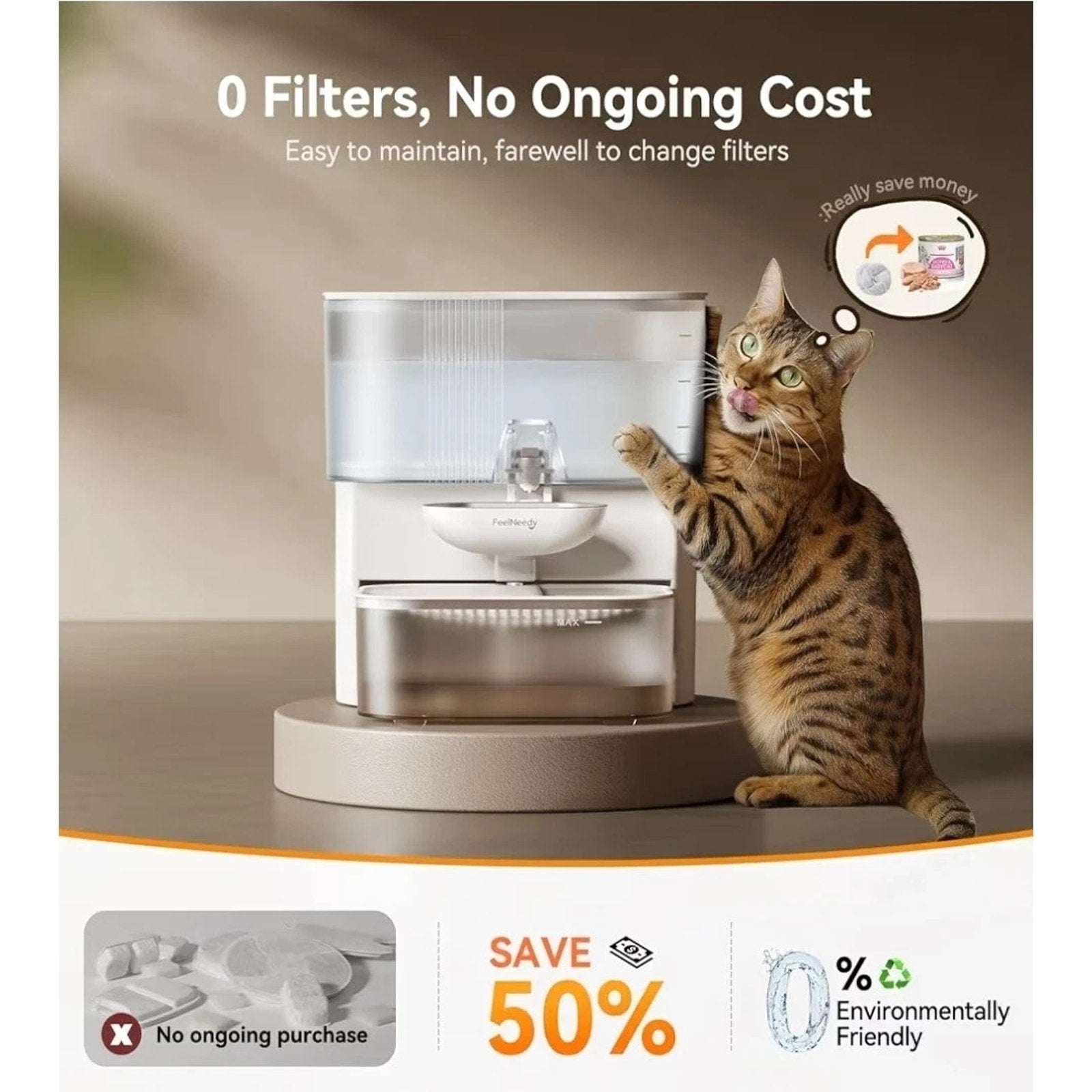 CleanFlip 3.5L Wireless Cat Water Fountain - No Filters, Wastewater Separation