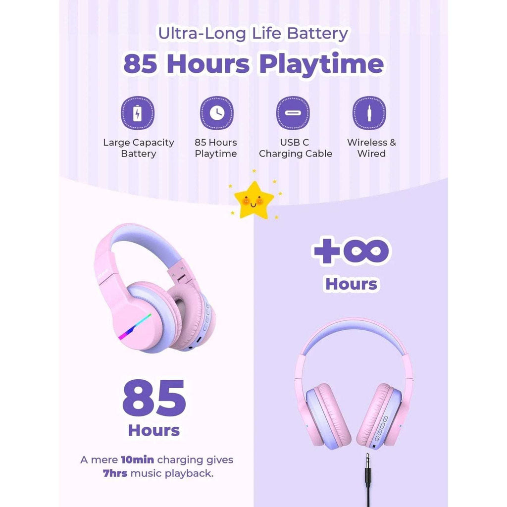 iClever BTH12 Kids Bluetooth Headphones Colorful LED Lights Wireless w/ Mic Pink