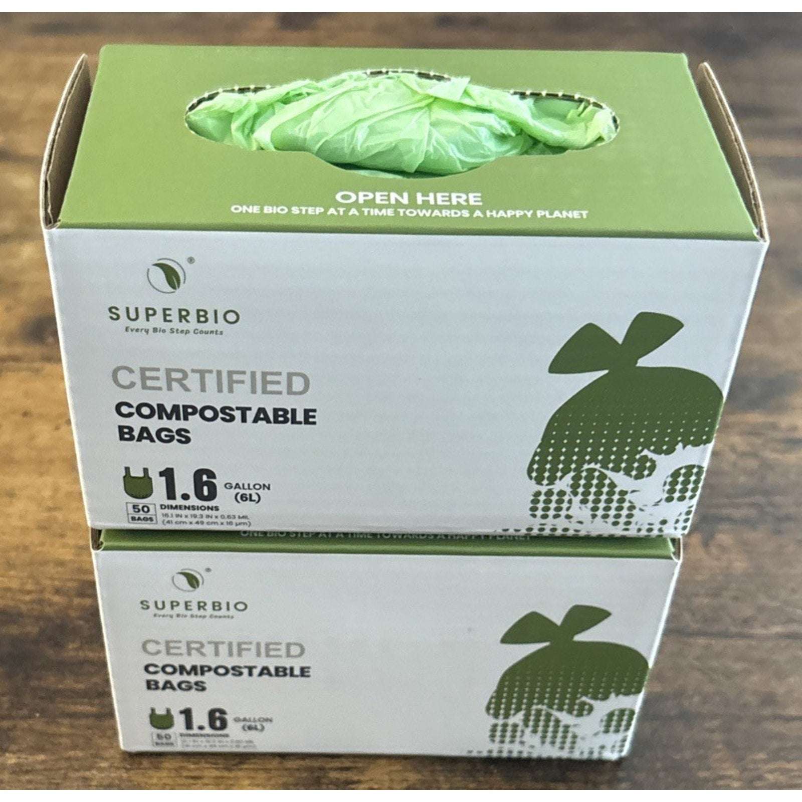 100Pk SUPERBIO 1.6 Gallon Handle Tie Compostable Food Scrap Bags Counter Top Bin