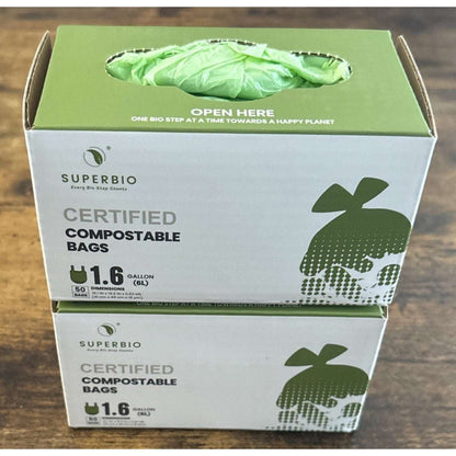 100Pk SUPERBIO 1.6 Gallon Handle Tie Compostable Food Scrap Bags Counter Top Bin