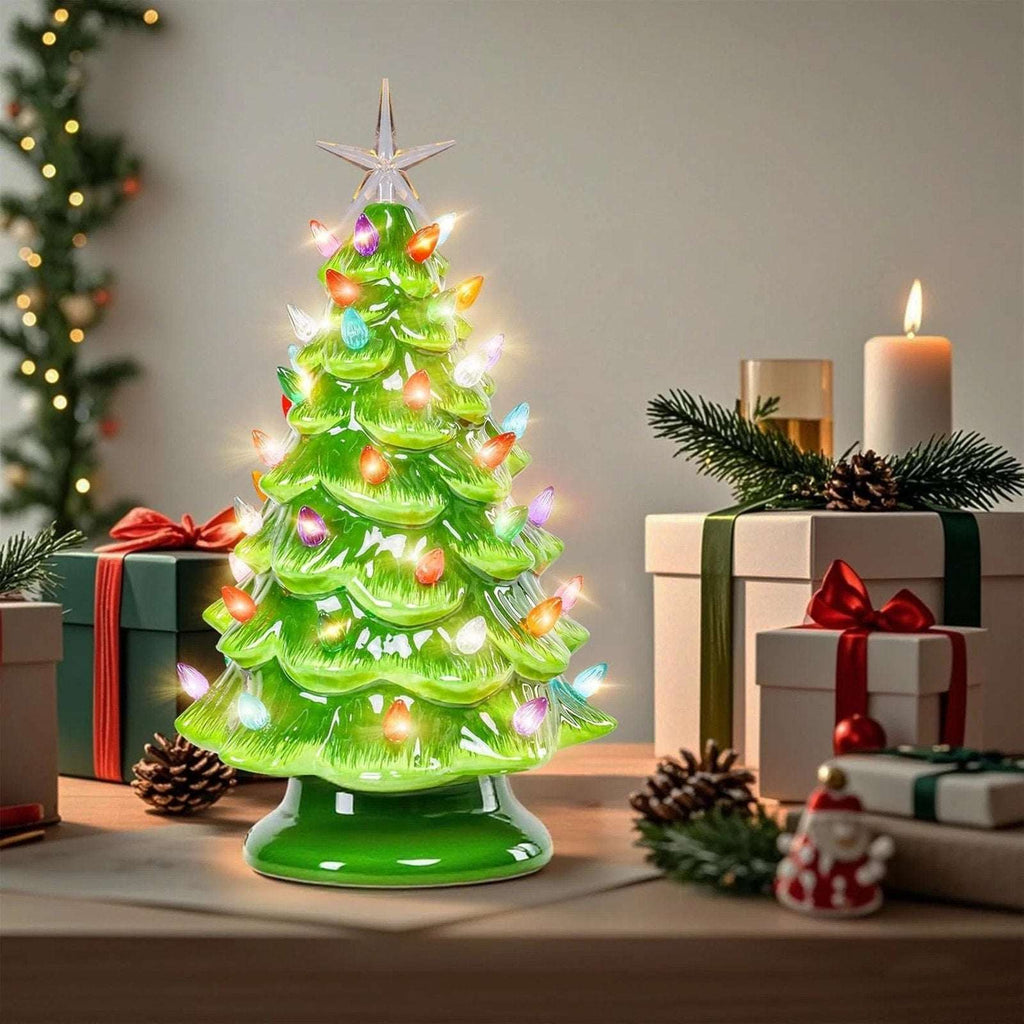 12.2" Ceramic Battery Operated Tabletop Christmas Tree with Multicolored Lights