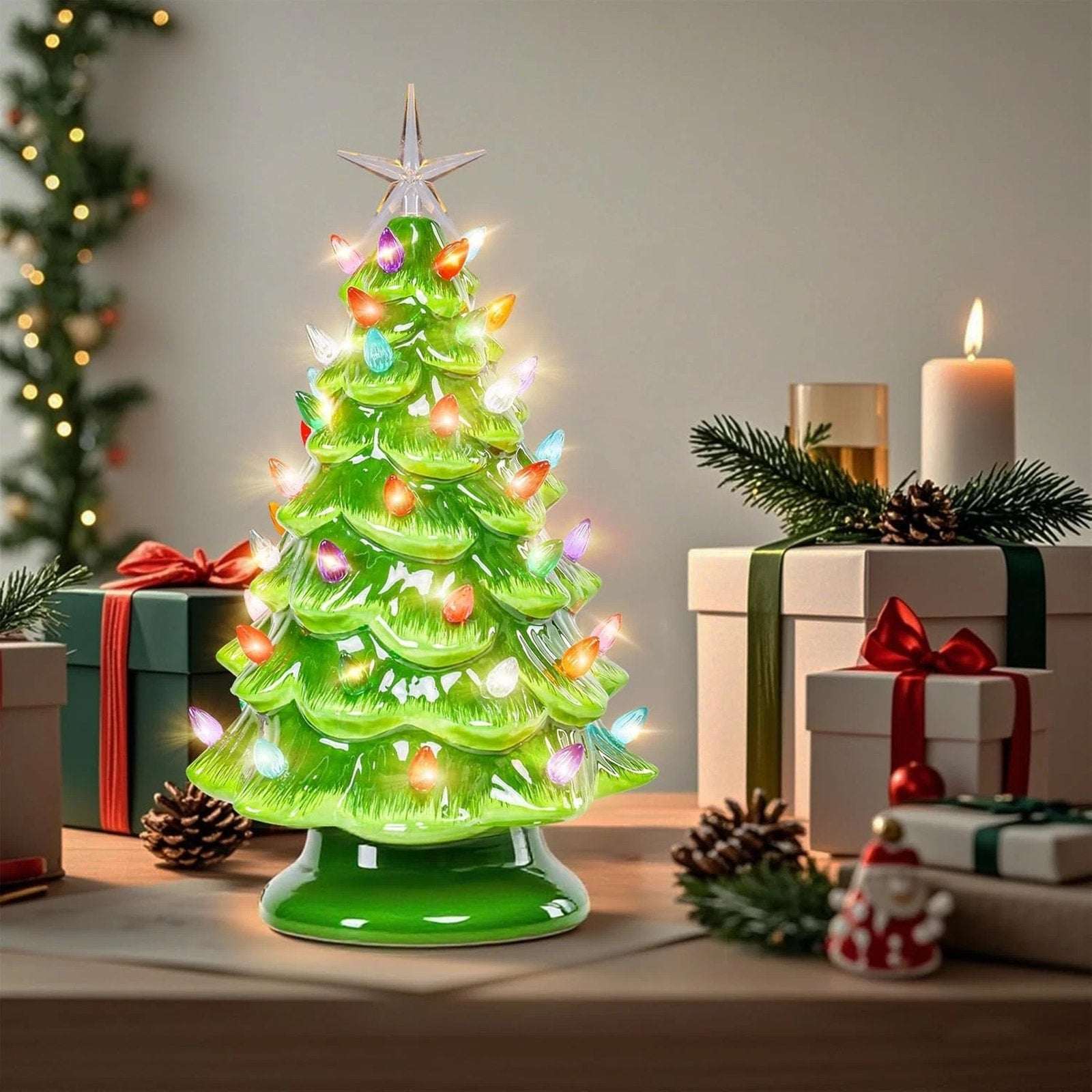 12.2" Ceramic Battery Operated Tabletop Christmas Tree with Multicolored Lights