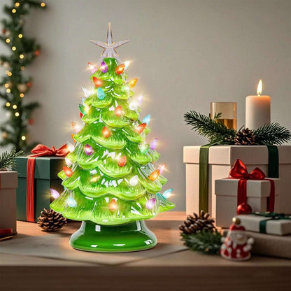 12.2" Ceramic Battery Operated Tabletop Christmas Tree with Multicolored Lights