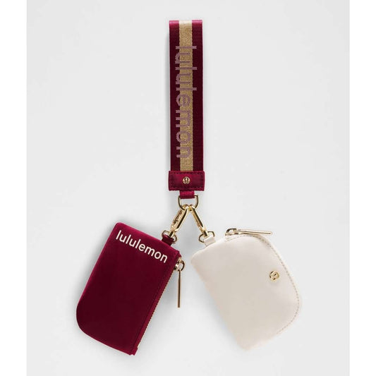 NWT Lululemon Dual Pouch Wristlet Wallet Keychain Wordmark Deep Luxe, Bone, Gold