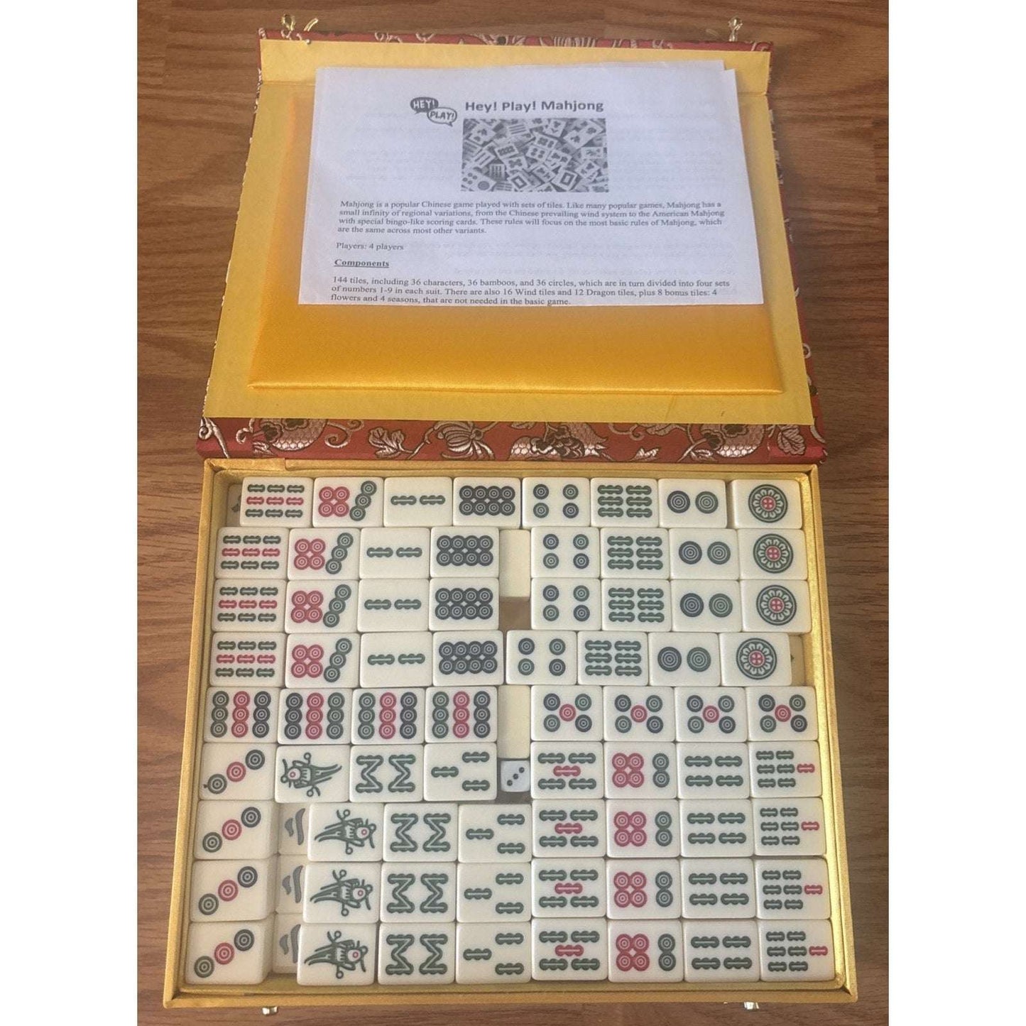 Traditional Chinese Mahjong Game Set w/ 144 Engraved +2 Spare Tiles, Dice & Case