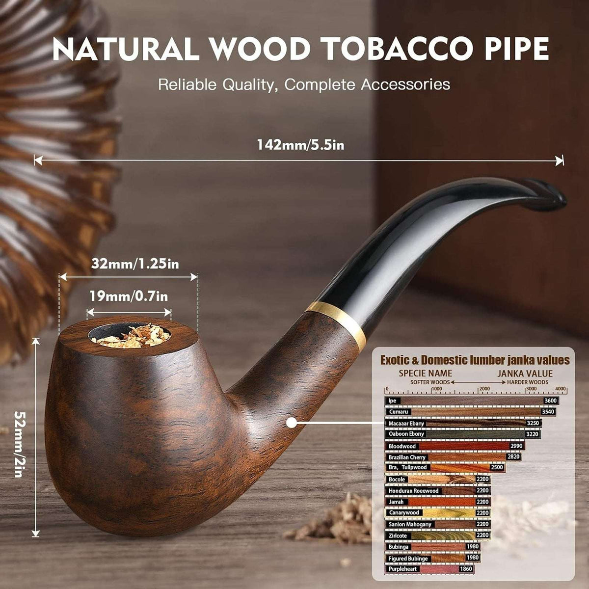 Tobacco Pipe Handmade Ebony Wood Root Smoking Pipe 19PC Set w/ Case, Accessories