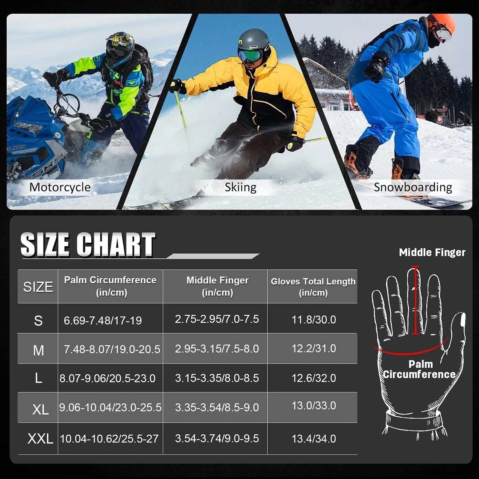 MCTi Waterproof Mens Ski Gloves Winter Warm 3M Thinsulate Snowboard Large Black