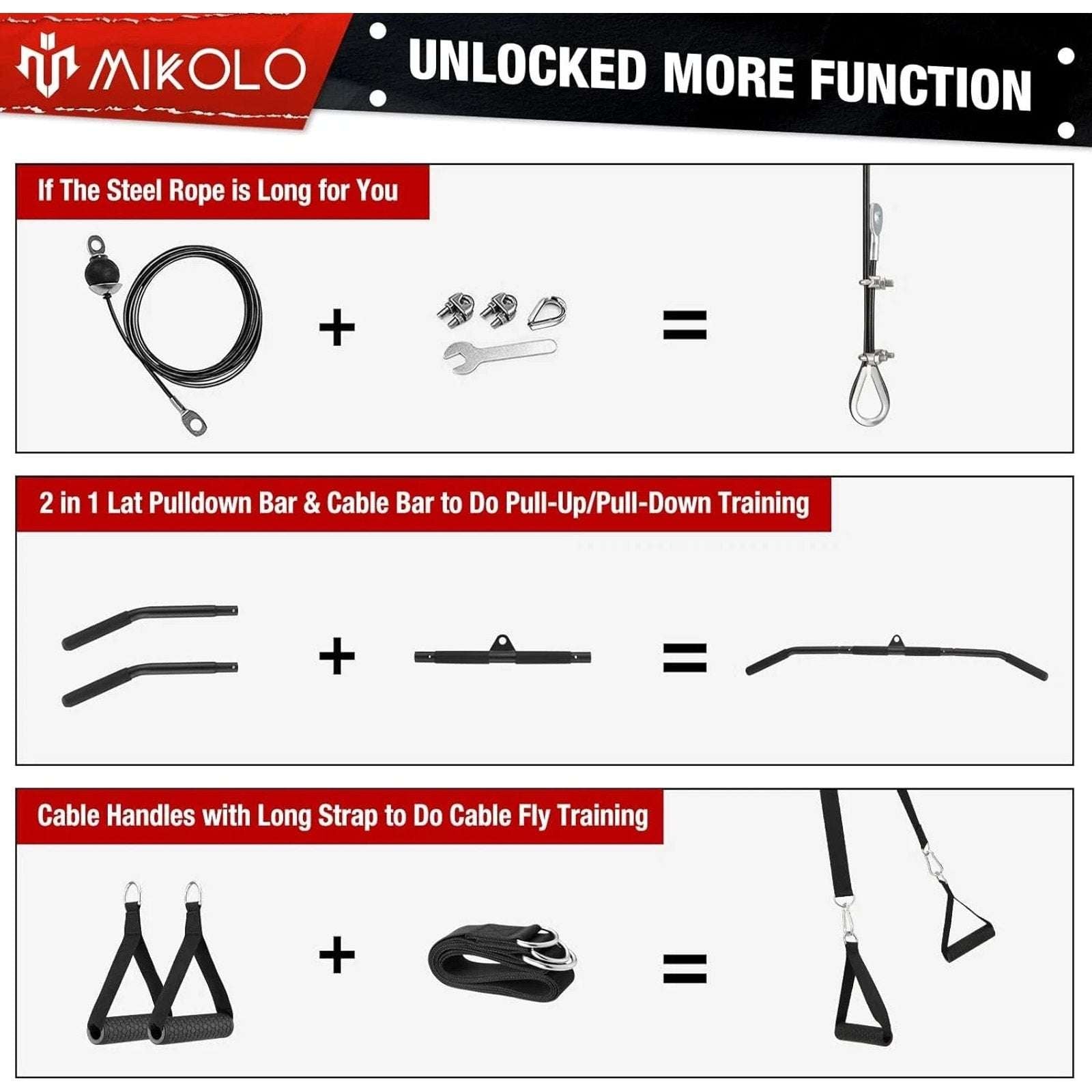MIKOLO Fitness Upgraded Home Gym LAT & Lift Cable Pulley System Attachments